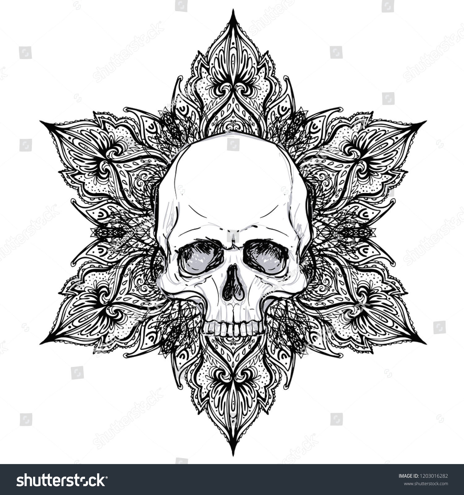 Skull Drawing Mandala Human Skull Lotus Over Mandala Inspired Stock Vektorgrafik