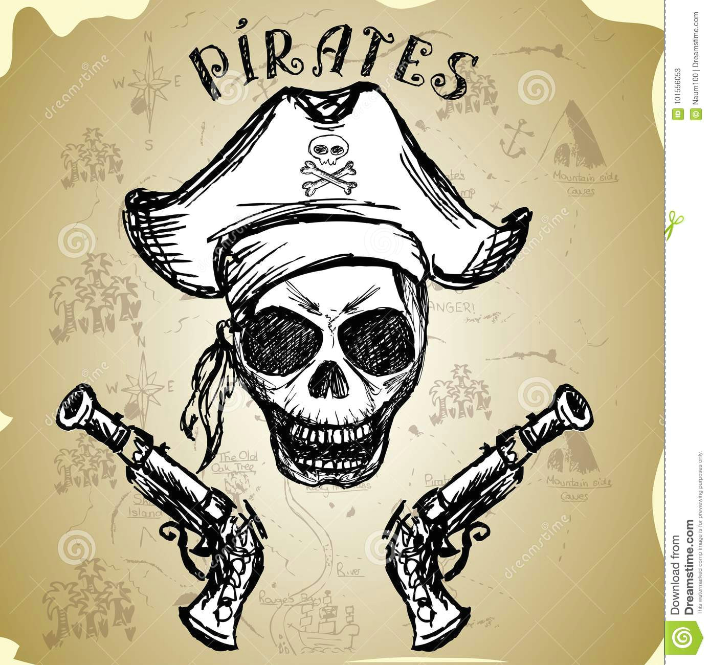 Skull Drawing Pirate Pirate Skull with Hat and Pistols Stock Vector Illustration Of