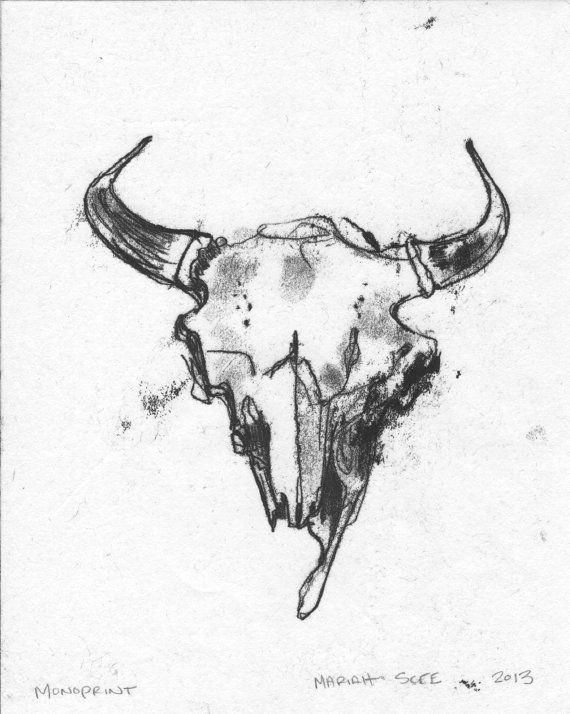 Skull Drawing with Feathers Reserved Listing for Bret Buffalo Skull Monotype 8 X 10 Black