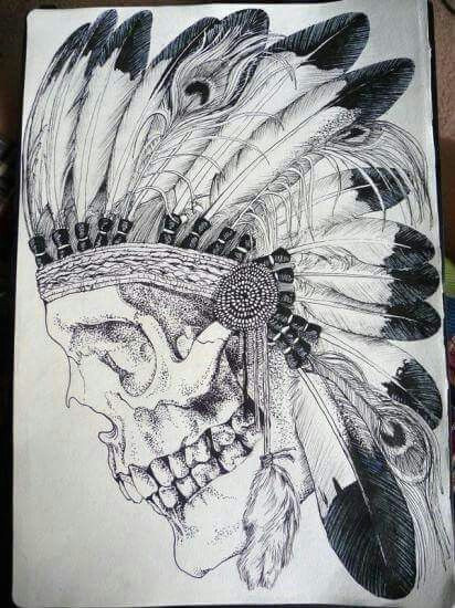 Skull Drawing with Feathers Skull Chief Indian and Wolfs Tattoos Tattoo Designs Indian