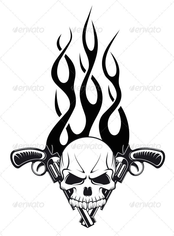 Skull Drawing with Flames Human Skull with Gun Graphicriver Human Skull with Gun and Flames