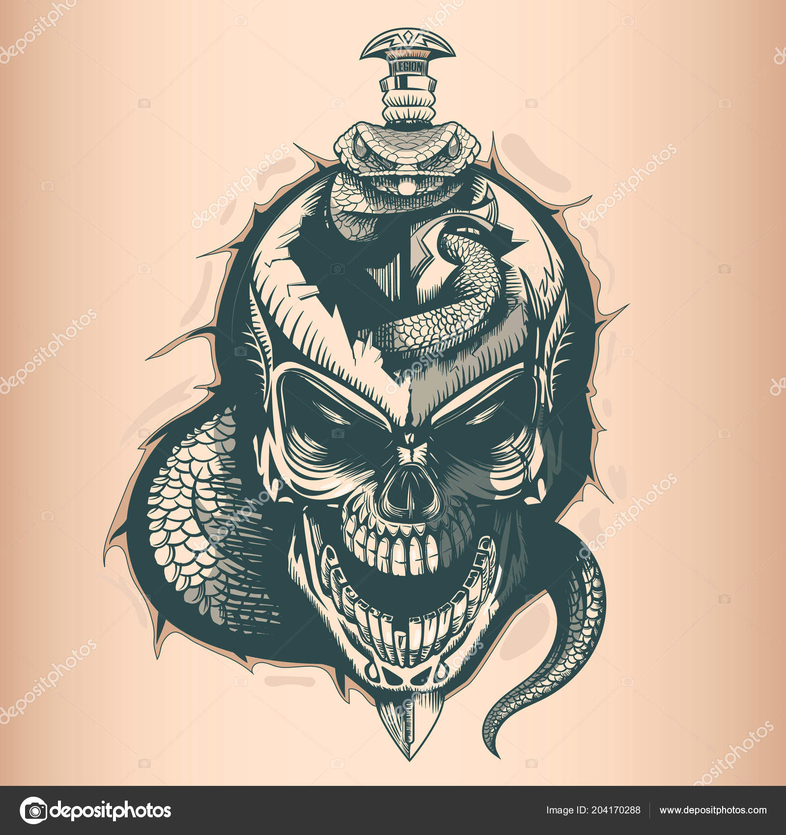 Skull Drawing with Snake Vintage Skull Sword Snake Monochrome Hand Drawn Tatoo Style Stock