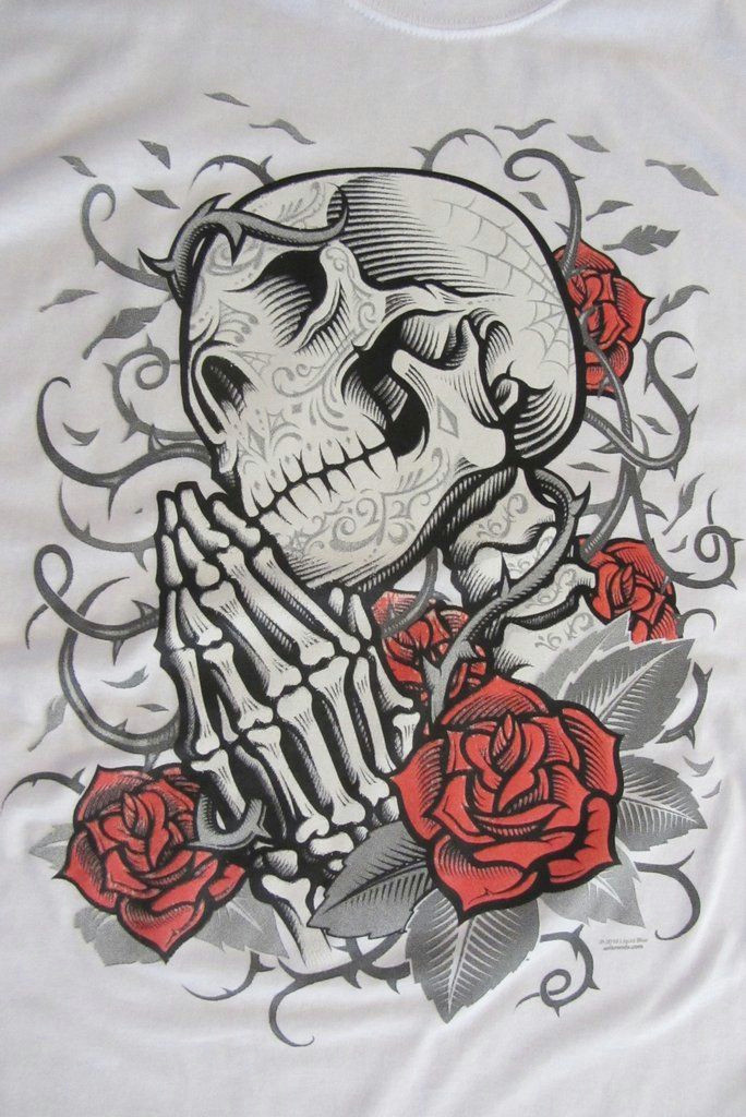 Skulls Tattoo Drawing Day Of the Dead Praying Skull Screen Printed Short Sleeve T Shirt