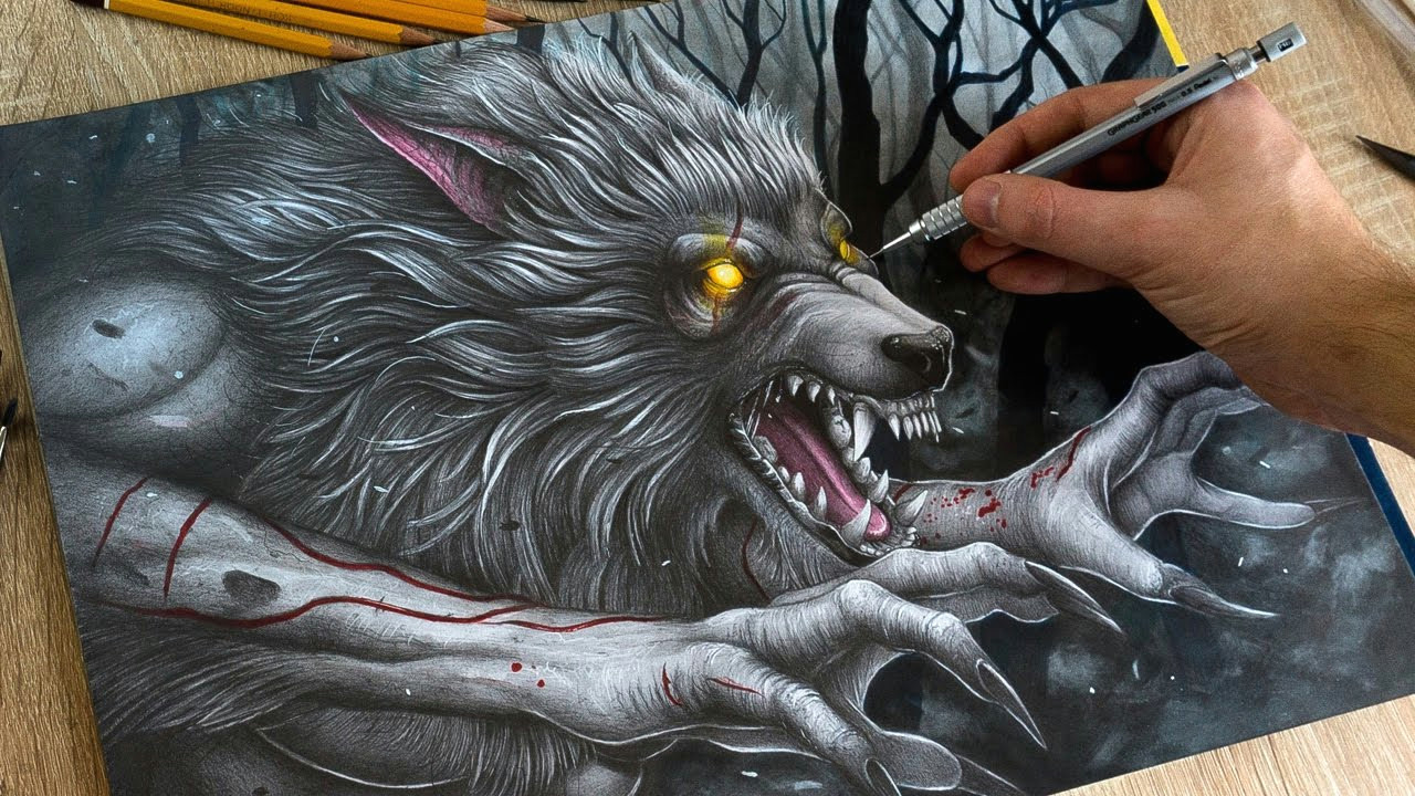 Speed Drawing Realistic Wolf Drawing Werewolf Youtube