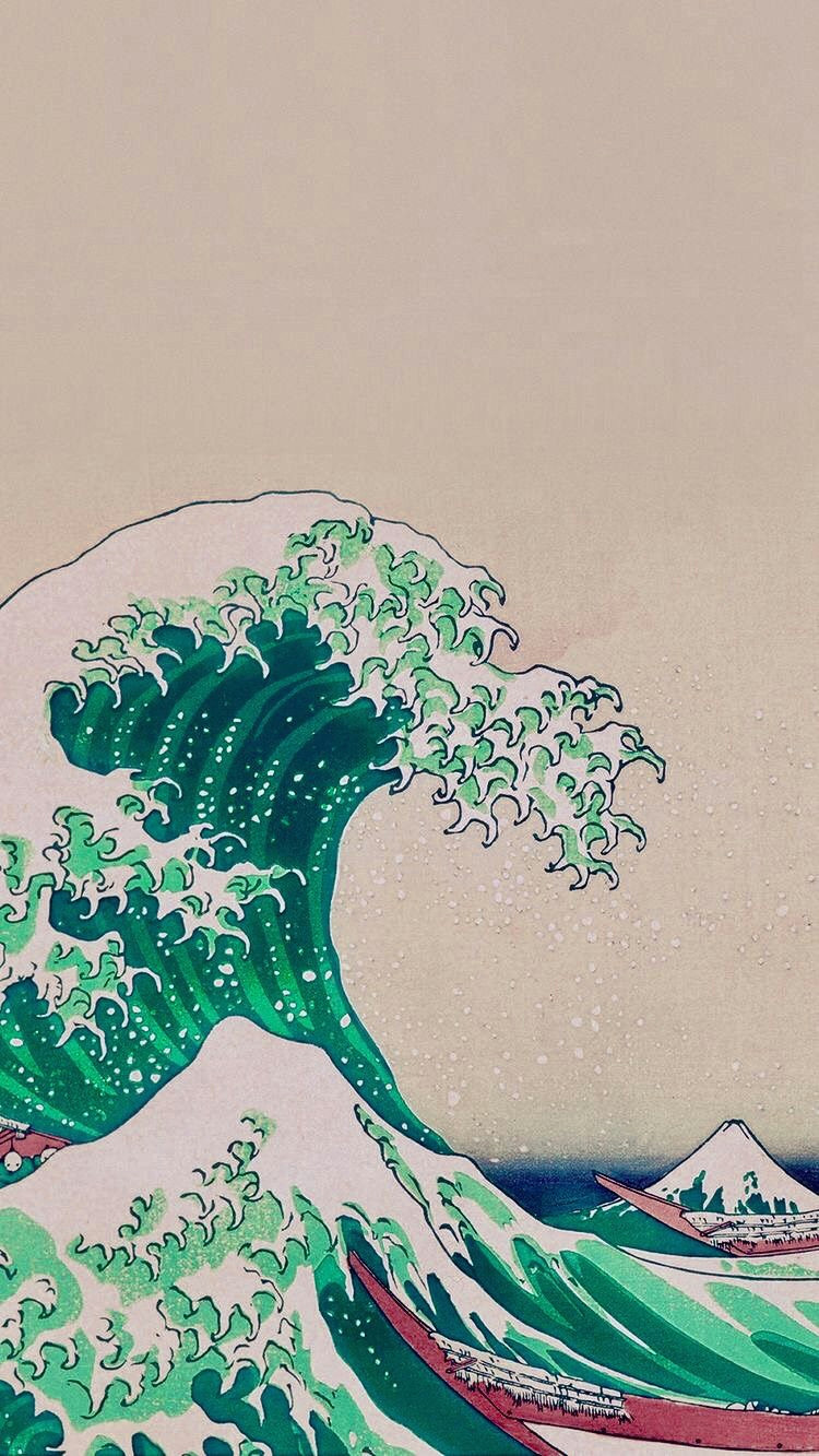 Tumblr Drawing Waves Bright Green Great Wave Of Kanagawa Wallpaper Wallpapers In 2019