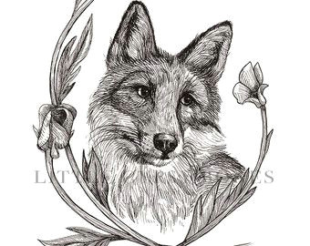 Wolf Drawing Flowers Bee and Clover 8×10 Digital Print Bumblebee Artwork Pen and Ink