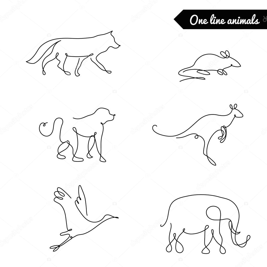 Wolf Drawing One Line One Line Animals Set Logos Vector Stock Illustration with Fox Wolf