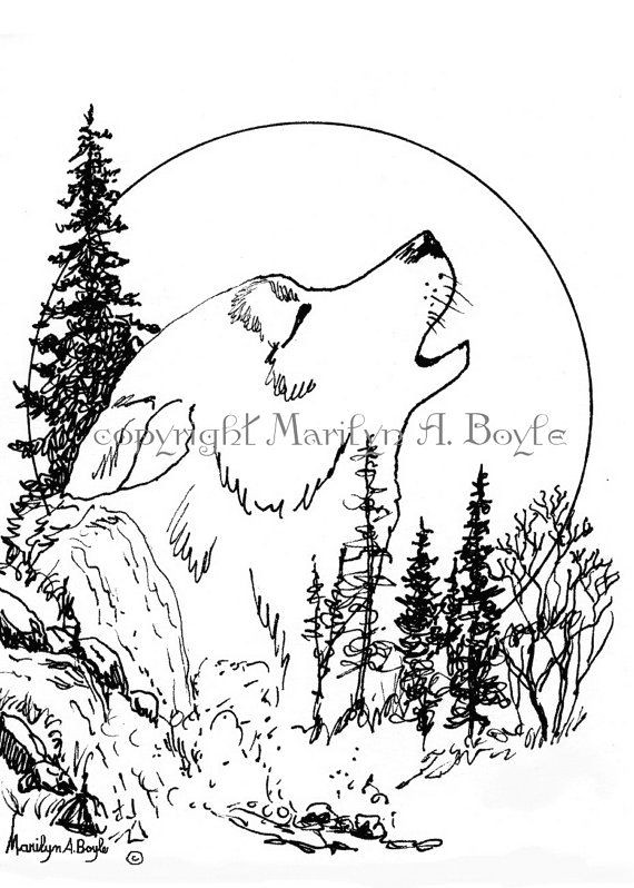 Wolf Drawing Pen and Ink Pen and Ink Print Wolf Howling Moon Wildlife by originalsandmore