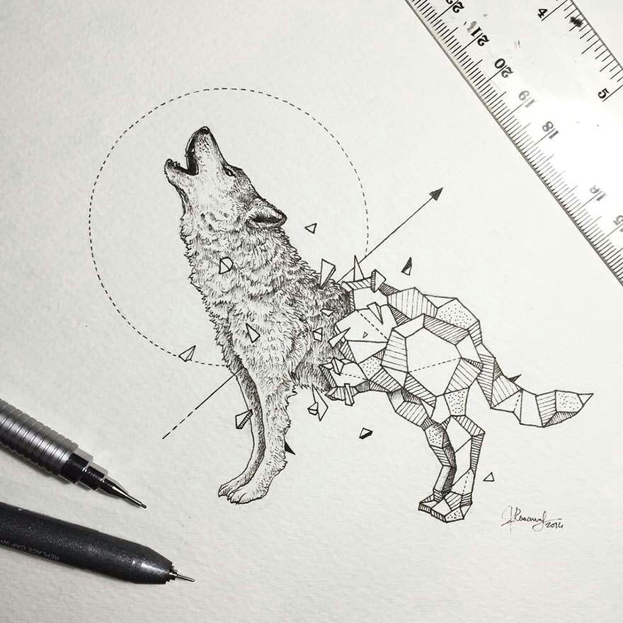 Wolf Drawing Pen Kerby Rosanes Filipino Artist with Geometric Beasts Wolf