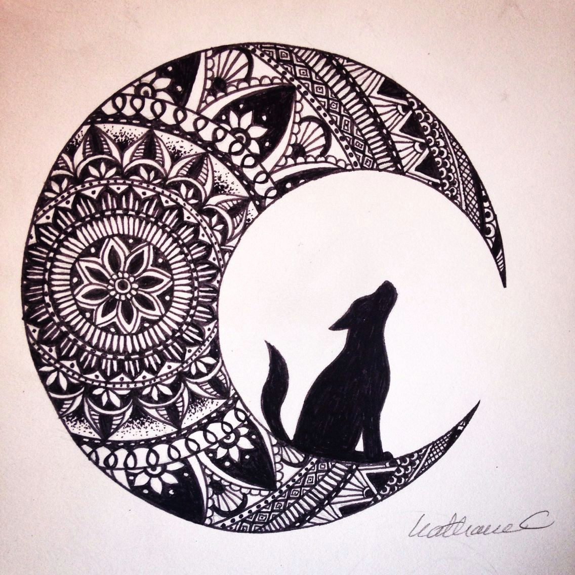 Wolf Drawing Tumblr Easy Wolf In the Moon Black Ink Mandala Drawing Brusho Coloring Pics