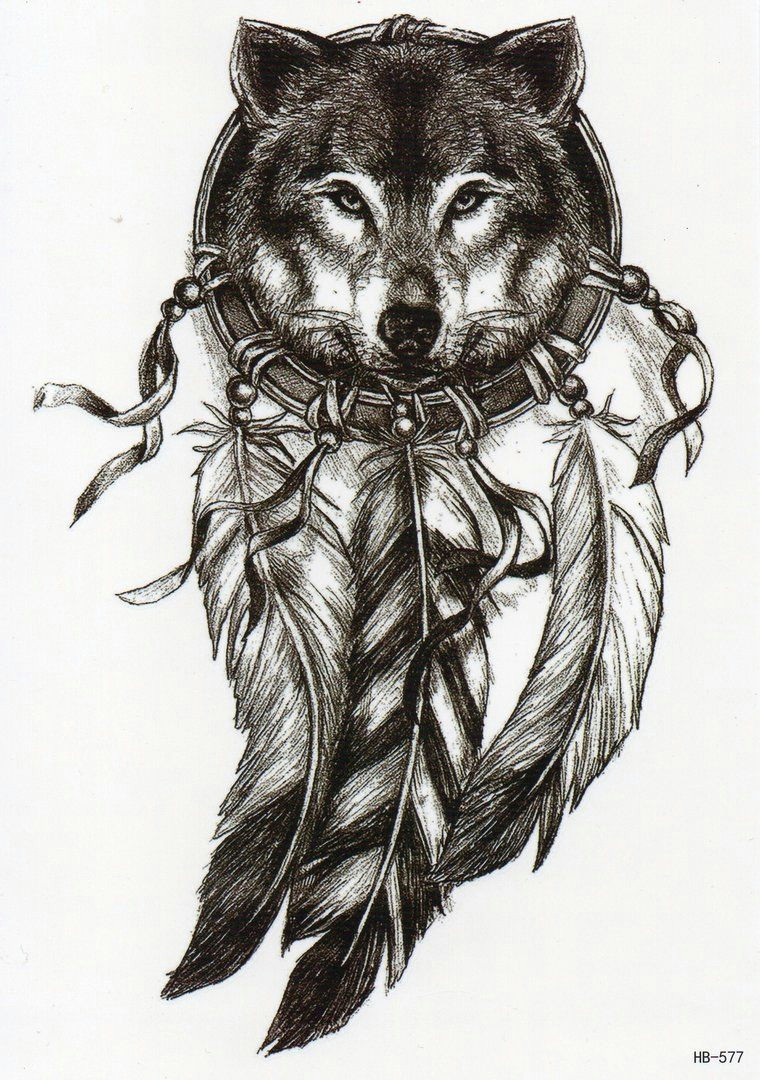 Wolf Drawing with A Dream Catcher Dreamcatcher Traumfanger Wolf Temporary Tattoo Wolf Temporary