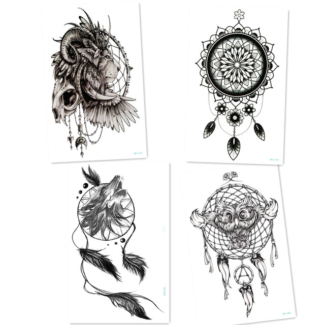 Wolf Drawing with Dream Catcher 4pcs Black Wolf with Feather Dreamcatcher Tattoos Lion Owl Cool