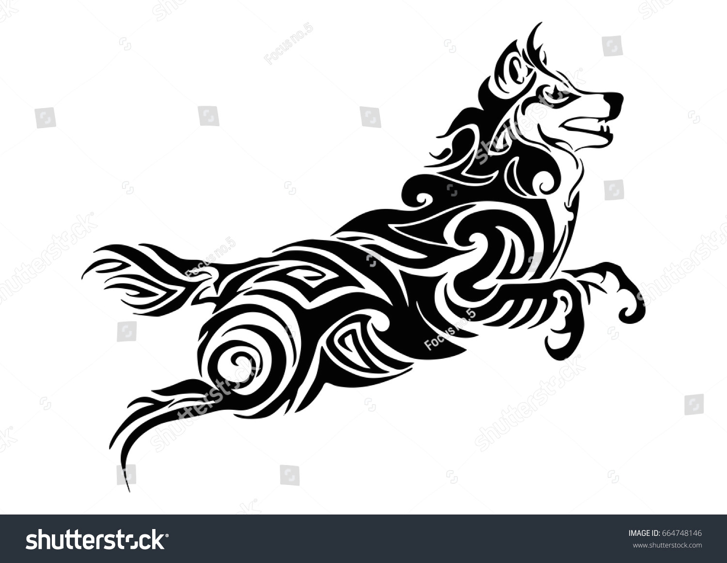 Wolf Jumping Drawing Leader Wolf Jumping Tribal Tattoo Silhouette Stock Vektorgrafik