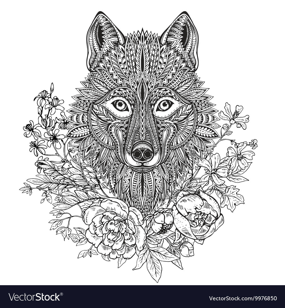Wolf Line Drawing Vector Hand Drawn Graphic ornate Head Of Wolf with Ethnic