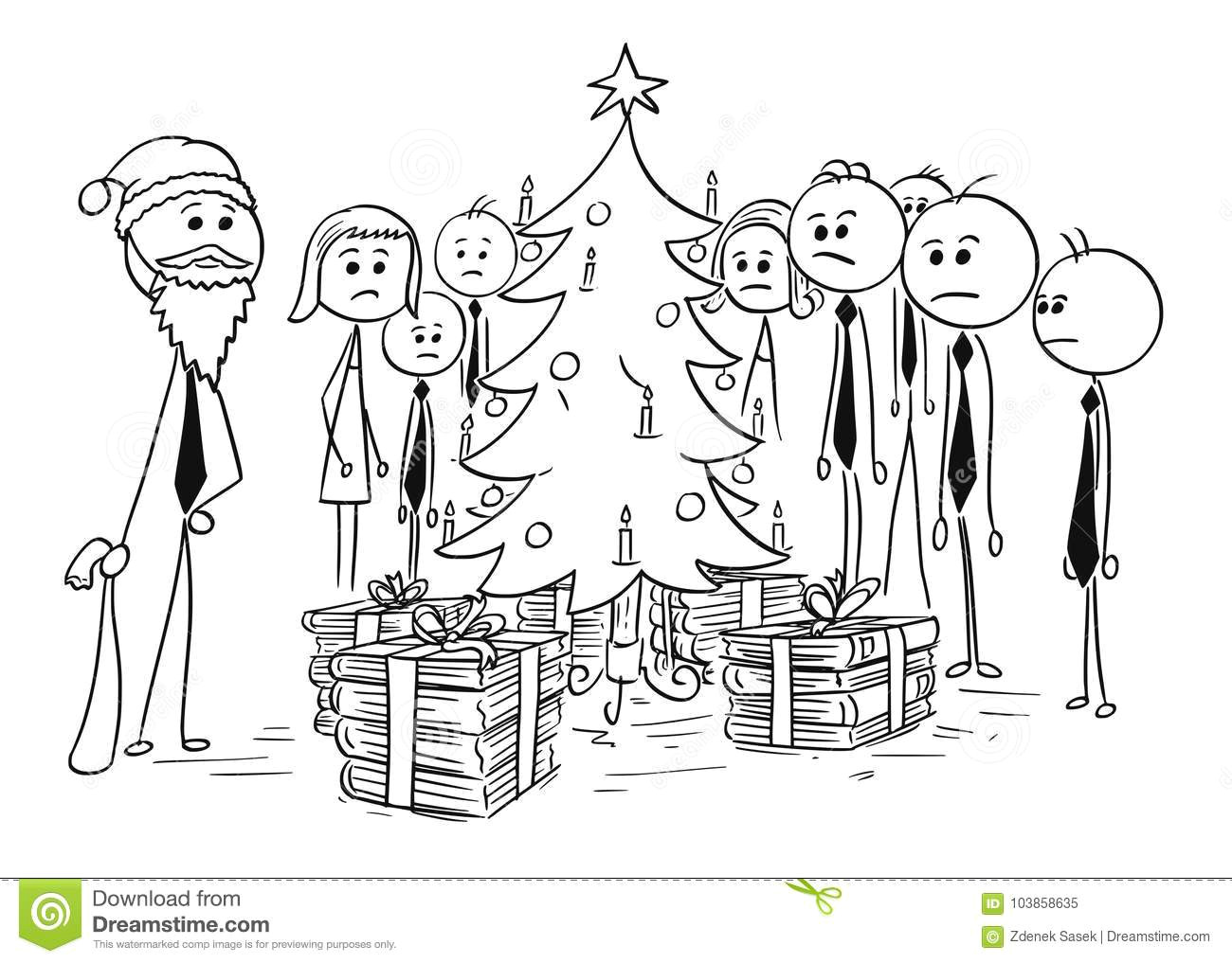 Xmas Cartoon Drawing Group Of Office Business People Around Christmas Tree Stock Vector