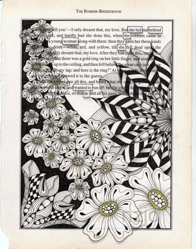 Zen Drawing Flowers Zentangle Drawings On Recycled Vintage Book Pages Zentangle
