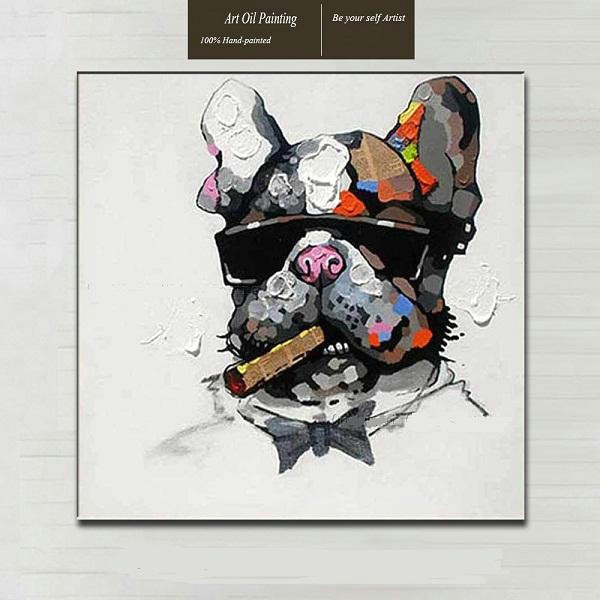 Abstract Animal Drawings 2019 Smoking Bull Dog Pure Hand Painted Abstract Modern Wall Decor Funny Bulldog Animal Art Oil Painting High Quality Canvas Multi Sizes C067 From