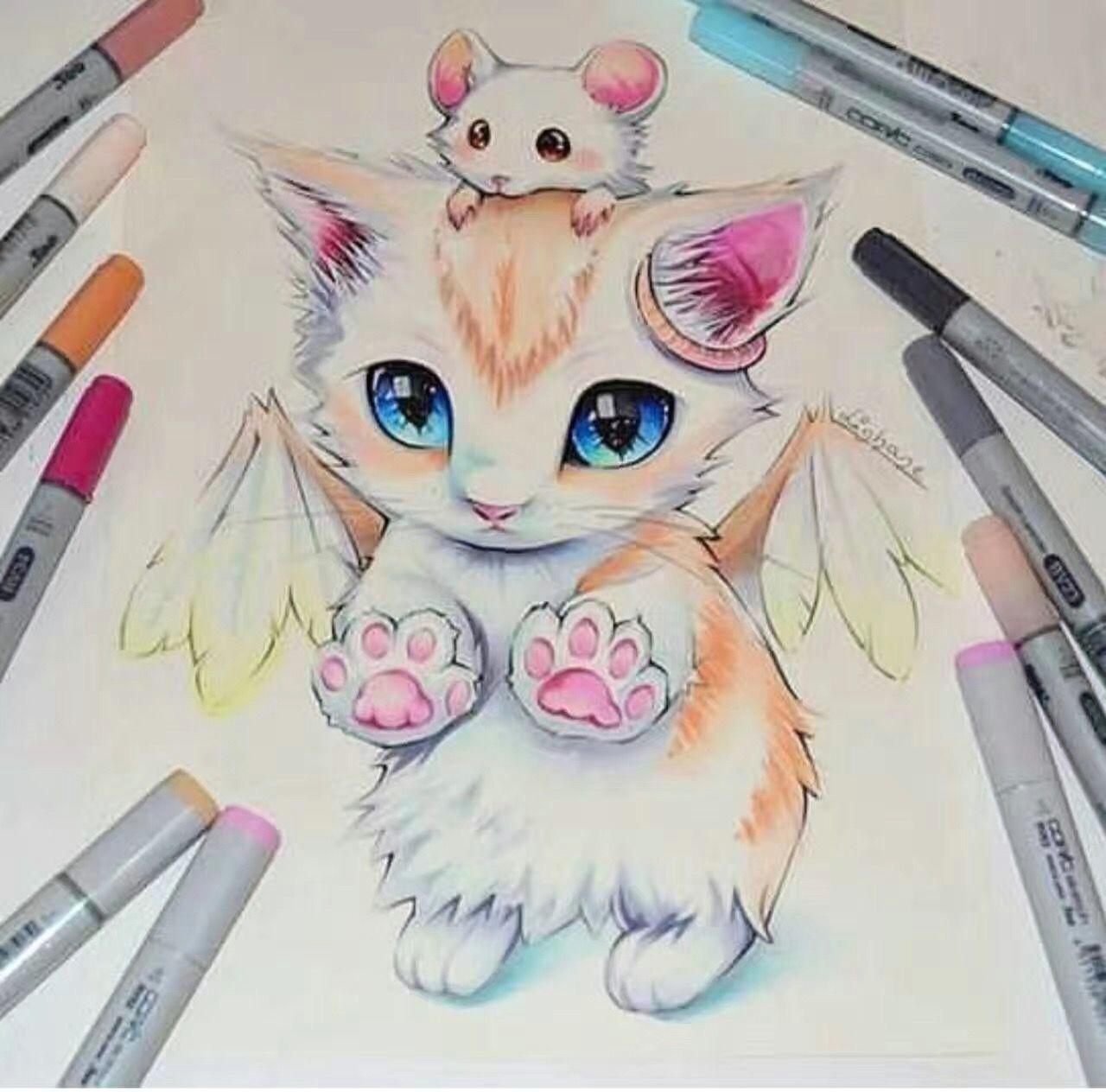 Adorable Animal Drawings A Kitten with Wings and A Mouse sooo Cute and Adorable