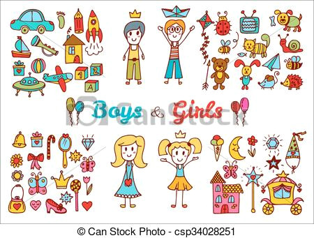 Baby Girl toys Drawing Hand Drawn Baby Boy and Girl toys Set Doodle Children Drawing Elements From A Child S Life