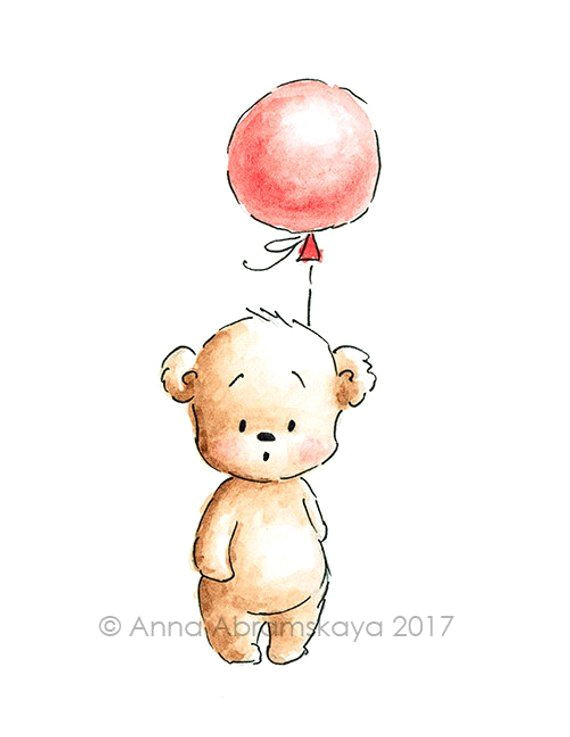 Balloon Drawing Easy Teddy Bear with Balloon Printable Art Nursery Wall Decor