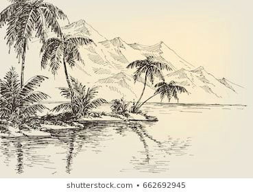 Bank Drawing Easy Beach Drawing Palm Trees and Mountains In the Background