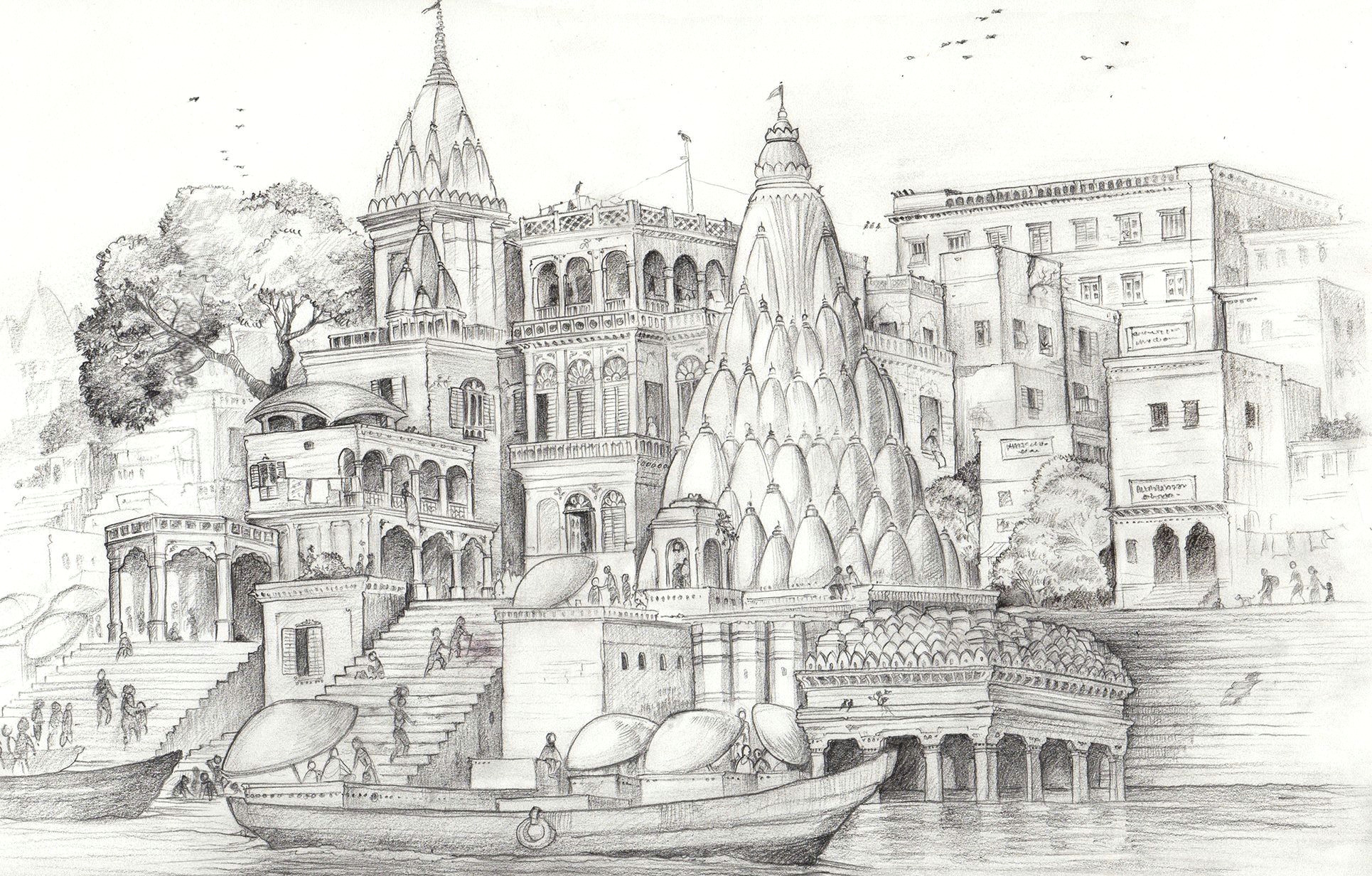 Bank Drawing Easy Varanasi Ghaats Banks Of the Ganges A Pencil Sketch
