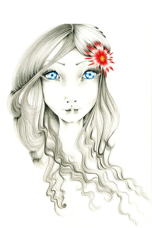 Big Girl Drawing Big Eye Art Blue Eyes Girl Art Print original Women Art