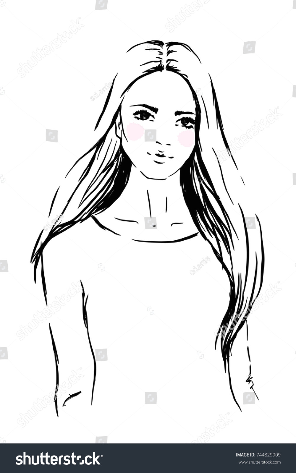 Black Girl Face Drawing Face Woman Sketch Long Hair Fashion Stock Vektorgrafik