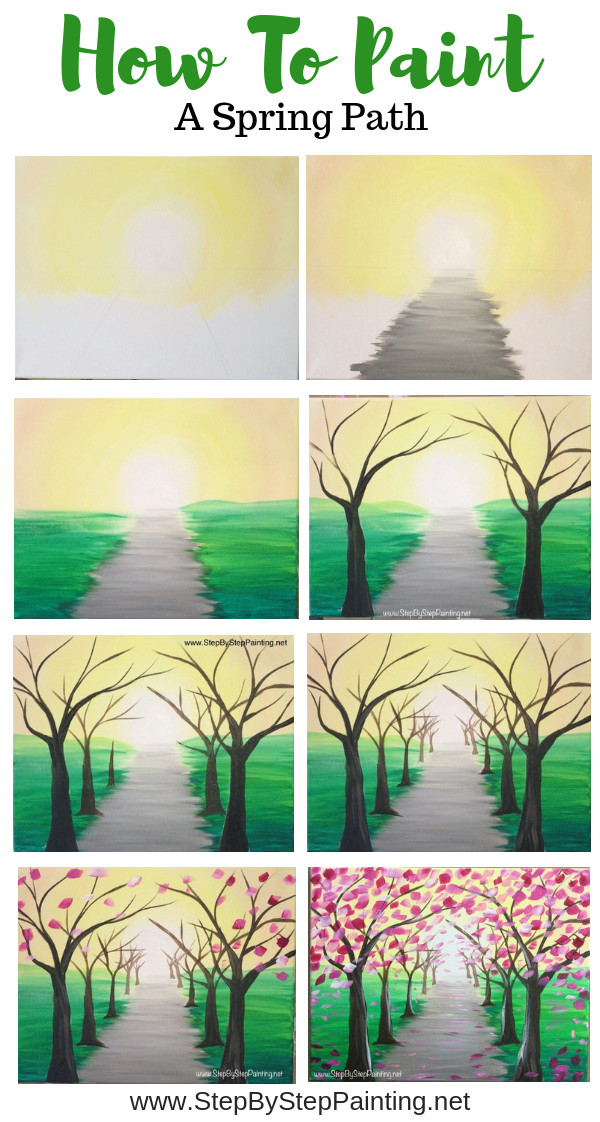 Canvas Drawings Easy How to Paint A Spring Tree Path Easy Canvas Painting