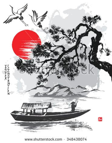 Chinese Landscape Drawing Easy Landscape View Of the River with Boat and Pine Branch Hand