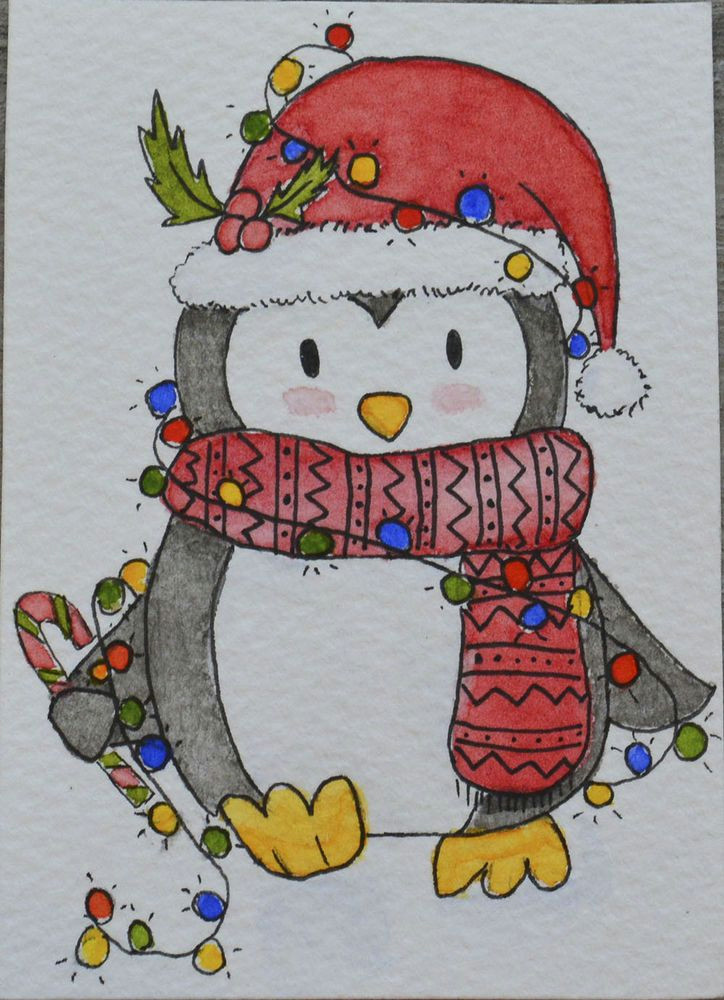 Christmas Animal Drawings Aceo original Watercolour and Pen Penguin Christmas