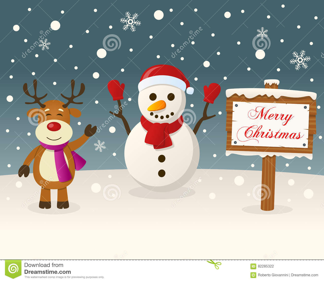 Christmas Girl Elf Drawing Christmas Sign Snowman Reindeer Stock Vector