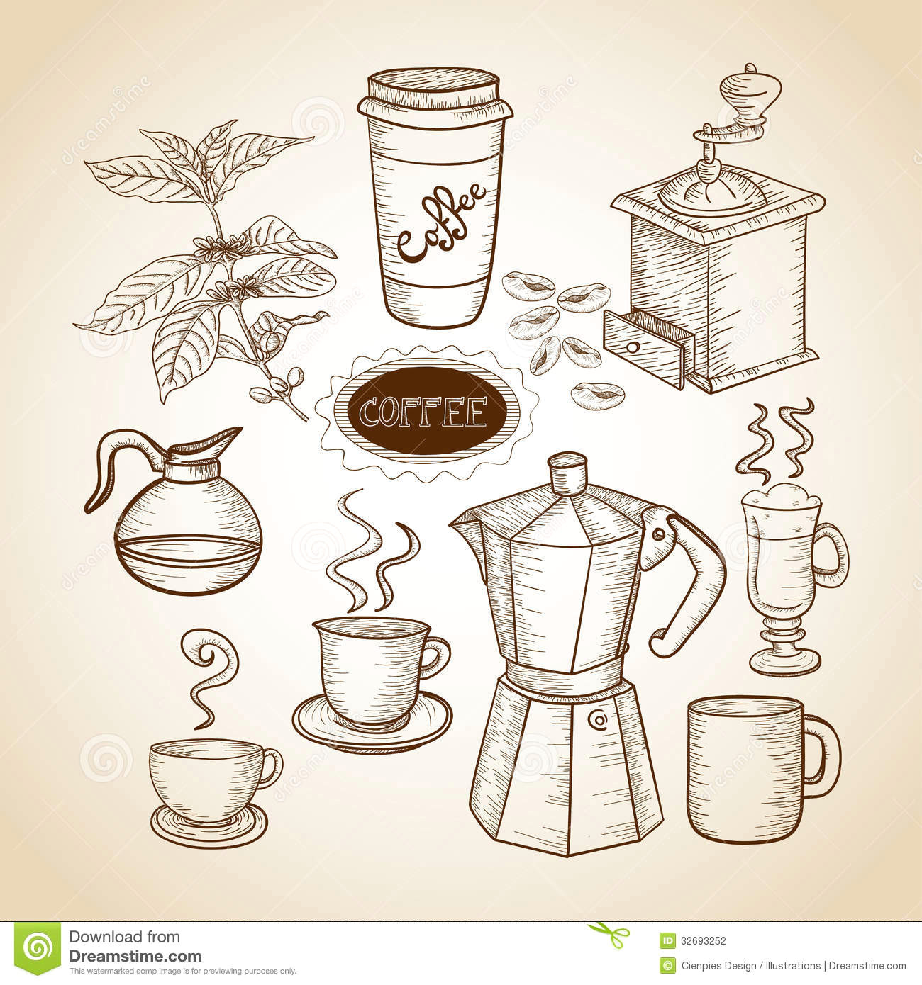 Coffee Mug Drawing Easy Coffee Elements Hand Drawn Illustration Stock Vector