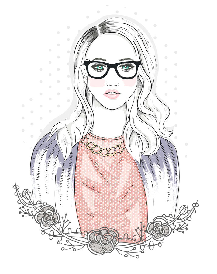 Cute Girl with Glasses Drawing Young Fashion Girl Illustration Hipster Girl with Glasses