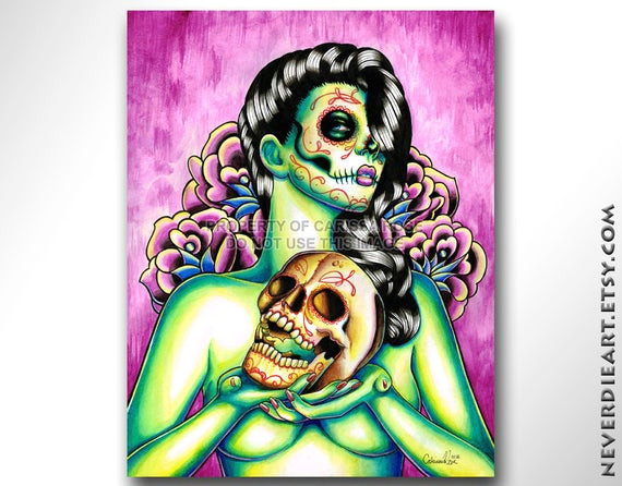 Drawings Of Pin Up Girls for A Tattoo Day Of the Dead Pin Up Girl with Sugar Skull Signed Art Print Memories by Carissa Rose 5×7 8×10 or 11×14 Tattoo Skull Pinup Art