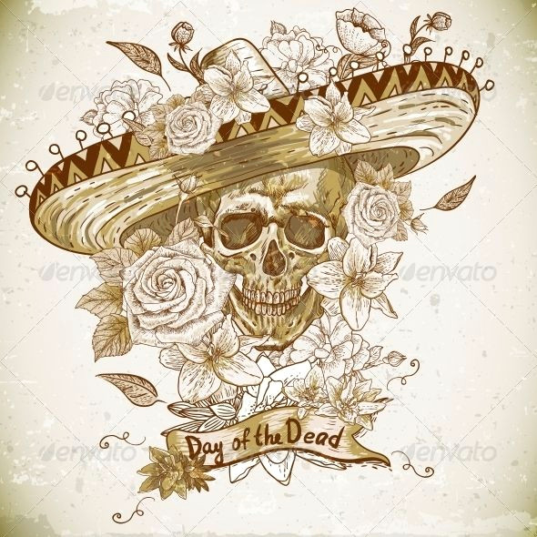 Easy Day Of the Dead Skull Drawings Skull In sombrero with Flowers Day Of the Dead Graphicriver