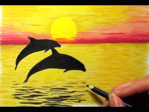 Easy How to Draw A Dolphin Landscape In Colored Pencil Sunset and 2 Dolphins Drawing
