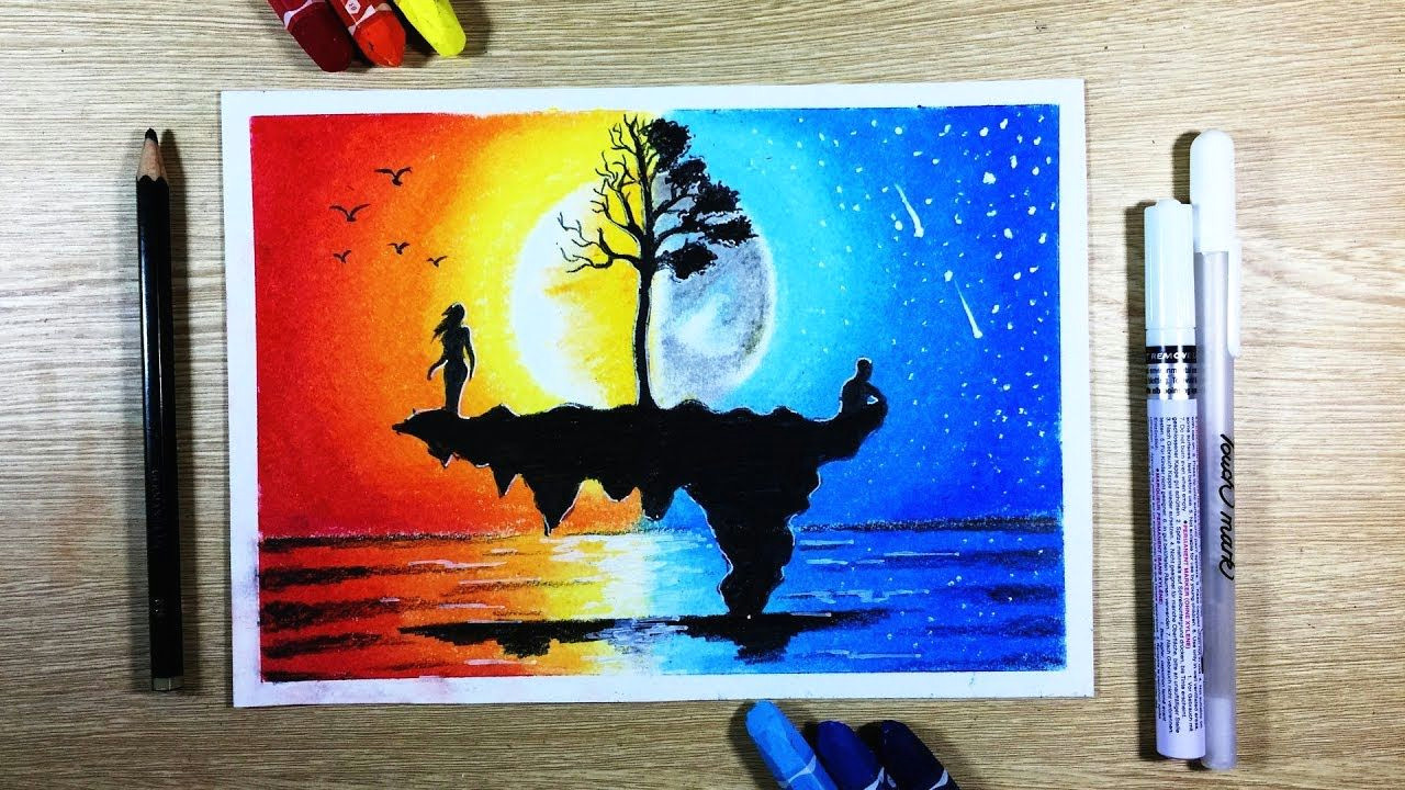 Easy Oil Pastel Drawing for Beginners Step by Step How to Draw Sunset Ft Moonlight Scenery with Oil Pastel Step