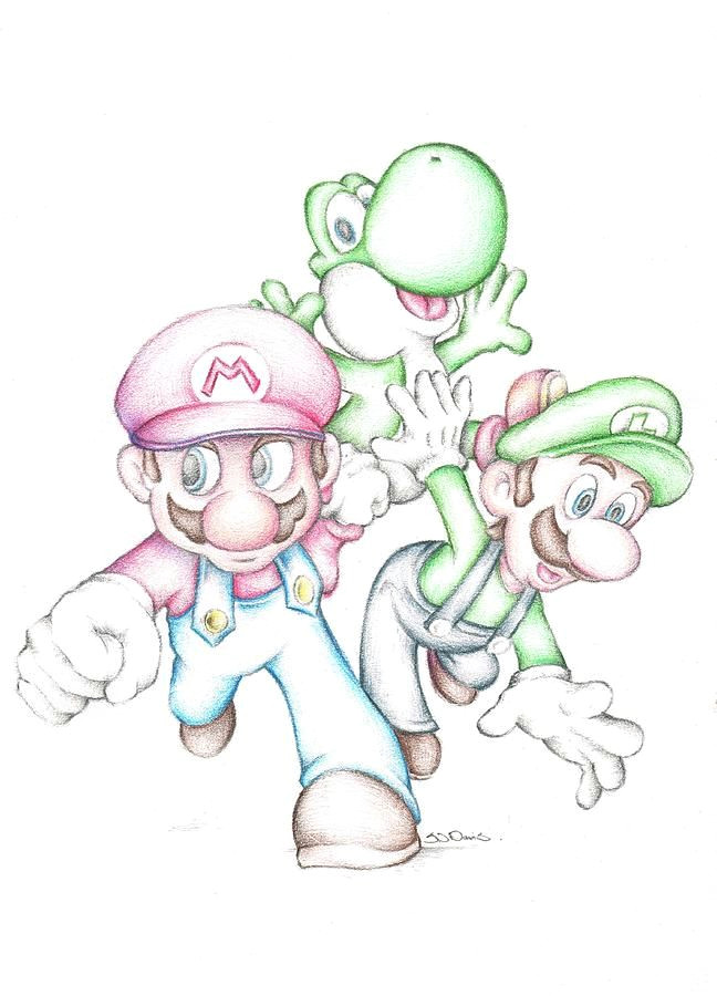 Easy Rapper Drawings Super Mario with Luigi Yoshi Coloured Pencil Drawing by