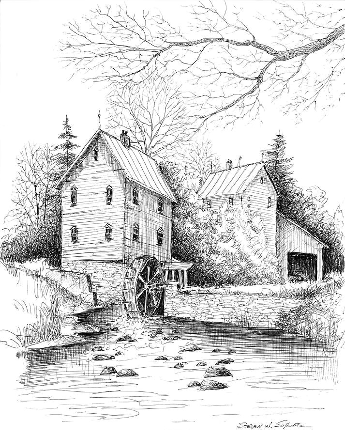 Easy River Drawing River Mill by Steven W Schultz Landscape Sketch Pencil