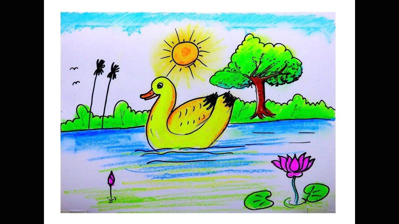 Easy Scenery Drawing for Class 3 How to Draw Kids Scenery with Duck Easily Oil Pastel