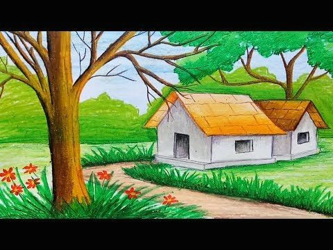 Easy Scenery Drawing for Class 3 How to Draw Lendscape with Oil Pastel Step by Step Very