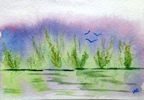 Easy Seascape Drawing original Watercolor Aceo Art Card Quiet Seascape Morning