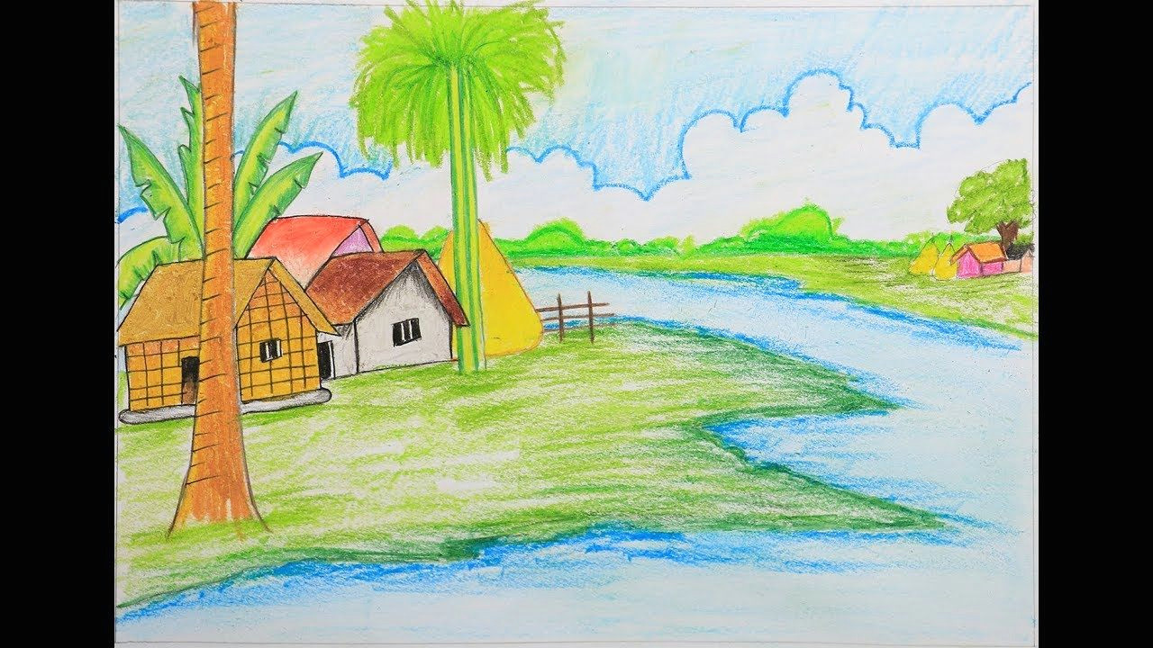 Easy Village Drawings Pencil How to Draw A Village Scenery Step by Step Easy Drawing