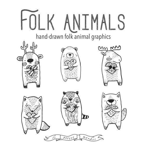 Forest Animals Drawing Folk Clipart Animals Heart Clipart Vector Graphics Deer