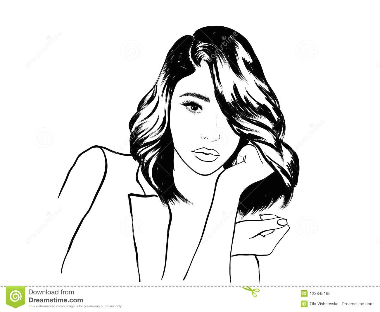 Girl Black and White Drawing Fashion Illustration Woman Face Sketch Stock Illustration