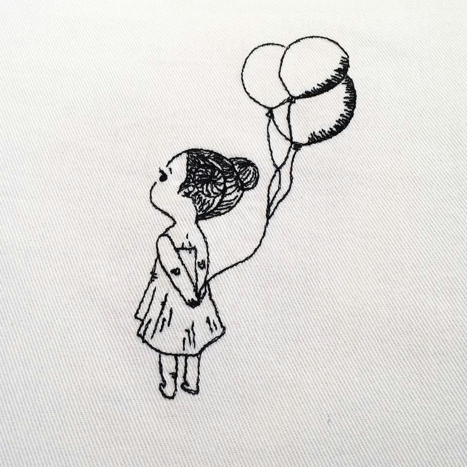 Girl Black and White Drawing Madchen Mit Ballon Genahmalt Girl with Balloon
