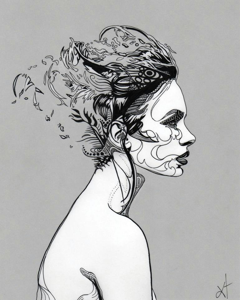 Girl Black and White Drawing Overthinking