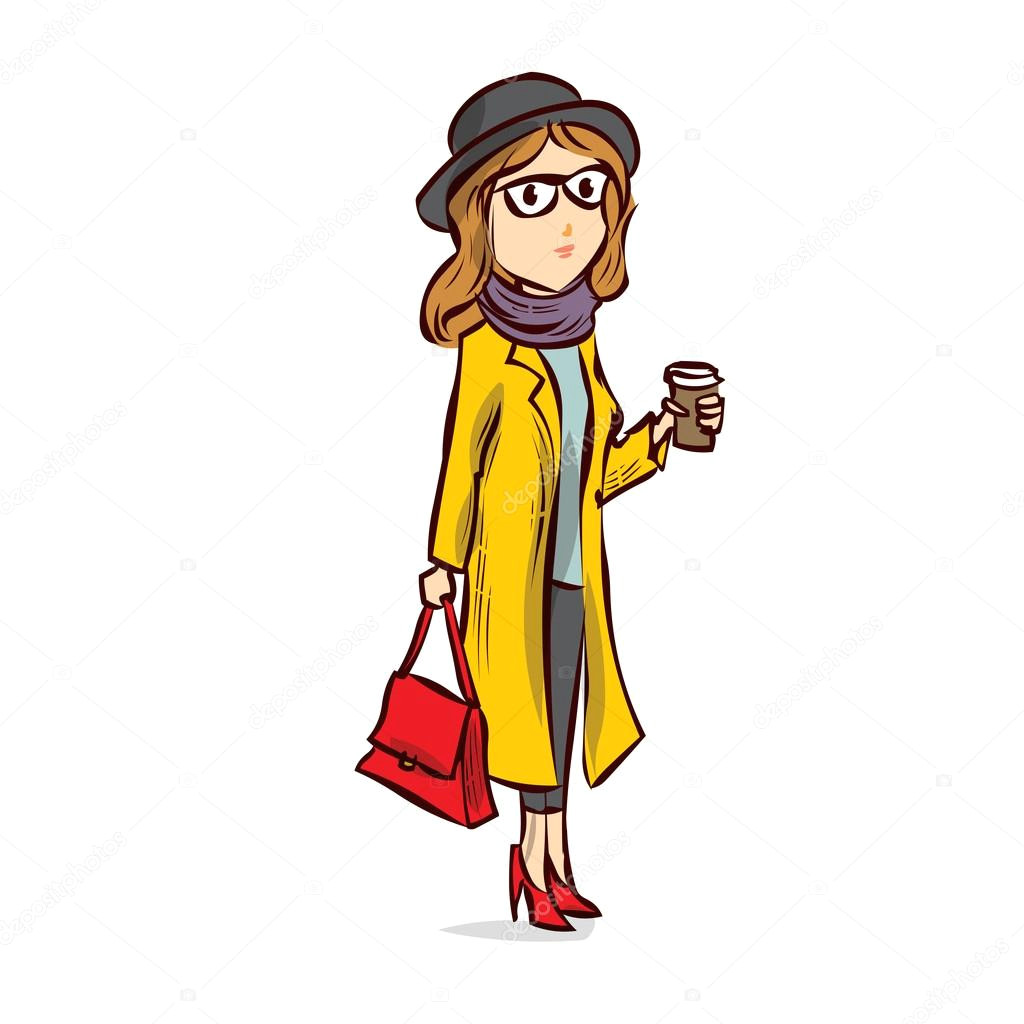 Girl Drinking Coffee Drawing Hipster Girl Drinking Coffee Outdoor Stock Vektor