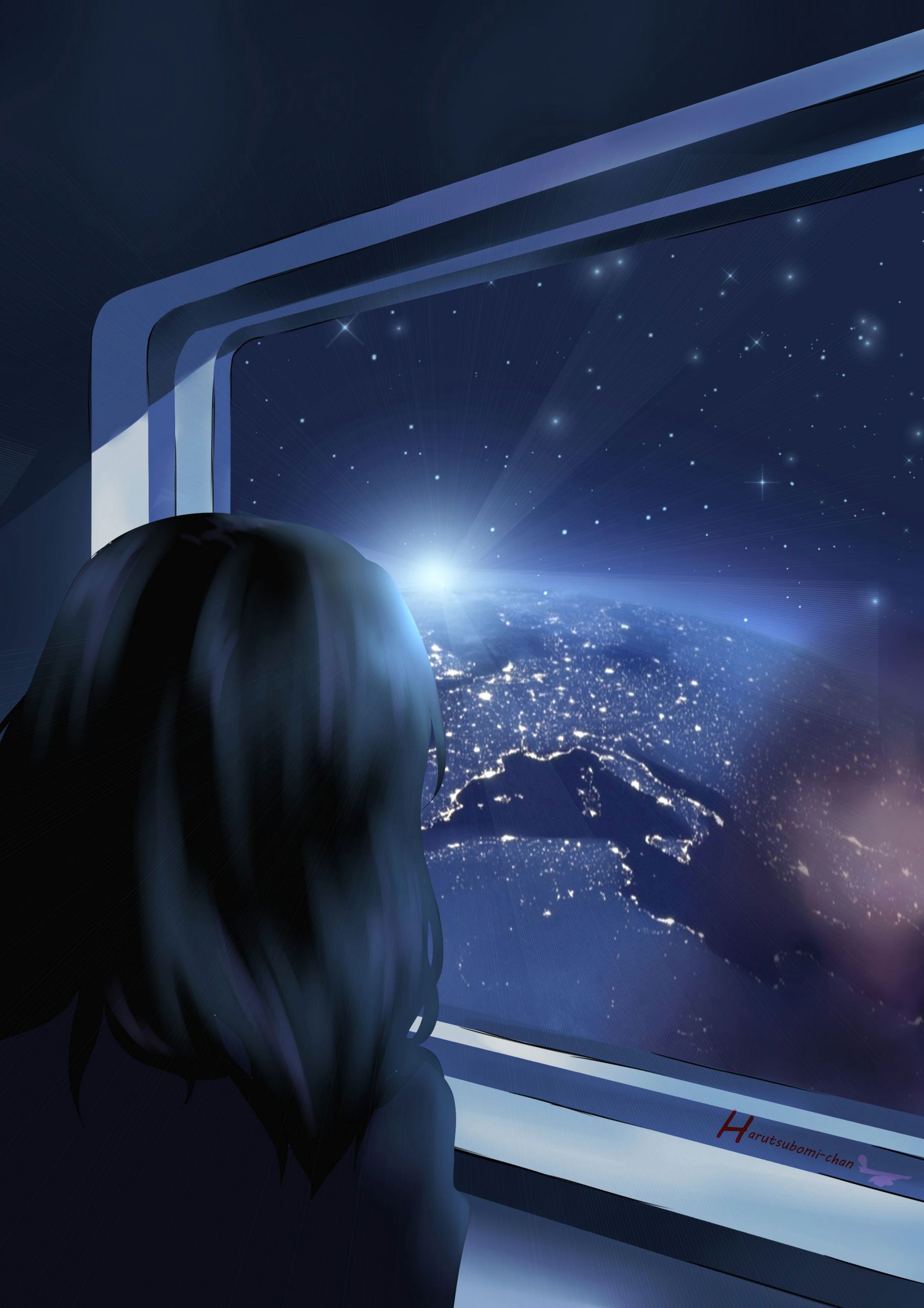 Girl Looking Out Window Drawing Space Window Girl Drawing Painting Anime Manga Planet